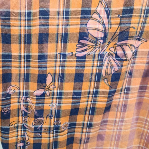 Old Navy Men Flannel Western Snap Plaid Bleached Unisex Hand Painted Butterflies - Picture 5 of 5